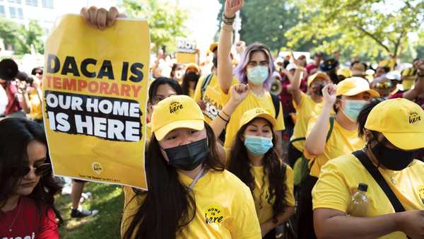 FILE - Susana Lujano, left, a dreamer from Mexico who lives in Houston, joins other activists to rally in support of the Deferred Action for Childhood Arrivals program, also known as DACA, at the U.S. Capitol in Washington, June 15, 2022. A revised version of DACA, a federal policy that prevents the deportation of hundreds of thousands of immigrants brought to the U.S. as children, is set to be debated Thursday, June 1, 2023, before a federal judge who previously ruled the program illegal.