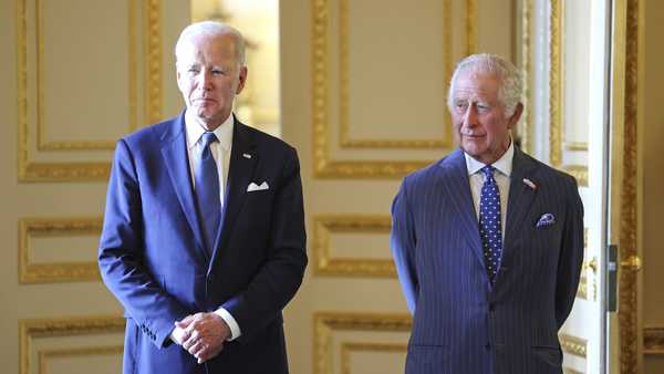 President Joe Biden, left, and Britain's King Charles III, meet inside Windsor Castle, England, Monday, July 10, 2023. ()