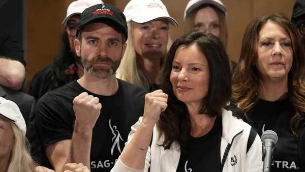 SAG-AFTRA president Fran Drescher, center, Ben Whitehair, left, and Joely Fisher attend a press conference announcing a strike by The Screen Actors Guild-American Federation of Television and Radio Artists on Thursday, July, 13, 2023, in Los Angeles.