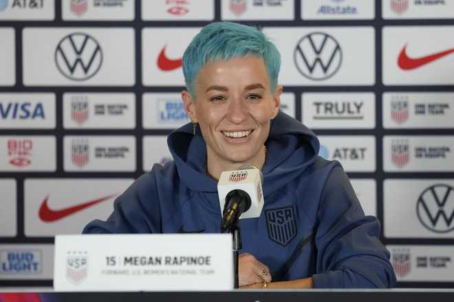 U.S.&#x20;soccer&#x20;player&#x20;Megan&#x20;Rapinoe&#x20;speaks&#x20;to&#x20;reporters&#x20;during&#x20;the&#x20;2023&#x20;Women&#x27;s&#x20;World&#x20;Cup&#x20;media&#x20;day&#x20;for&#x20;the&#x20;United&#x20;States&#x20;Women&#x27;s&#x20;National&#x20;Team&#x20;in&#x20;Carson,&#x20;Calif.,&#x20;Tuesday,&#x20;June&#x20;27,&#x20;2023.&#x20;Days&#x20;before&#x20;heading&#x20;to&#x20;her&#x20;fourth&#x20;World&#x20;Cup,&#x20;Rapinoe&#x20;announced&#x20;she&#x2019;ll&#x20;retire&#x20;at&#x20;the&#x20;end&#x20;of&#x20;the&#x20;National&#x20;Women&#x27;s&#x20;Soccer&#x20;League&#x20;season.&#x20;Rapinoe,&#x20;38,&#x20;made&#x20;the&#x20;announcement&#x20;on&#x20;Twitter&#x20;Saturday,&#x20;July&#x20;8,&#x20;2023.&#x20;&#x28;AP&#x20;Photo&#x2F;Ashley&#x20;Landis,&#x20;File&#x29;