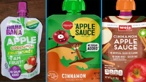 This image provided by the U.S. Food and Drug Administration on Thursday, Nov. 17, 2023, shows three recalled applesauce products - WanaBana apple cinnamon fruit puree pouches, Schnucks-brand cinnamon-flavored applesauce pouches and variety pack, and Weis-brand cinnamon applesauce pouches. U.S. food inspectors found 