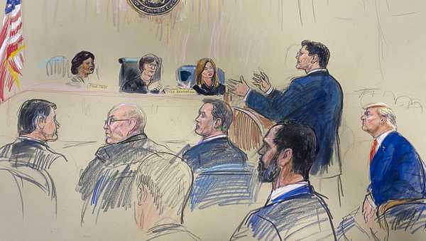 This artist sketch depicts former President Donald Trump, seated right, listening as his attorney D. John Sauer, standing, speaks before the D.C. Circuit Court of Appeals at the federal courthouse, Tuesday, Jan. 9, 2024 in Washington. (Dana Verkouteren via AP)