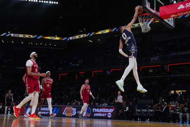 Indiana&#x20;Pacers&#x20;guard&#x20;Tyrese&#x20;Haliburton&#x20;&#x28;0&#x29;&#x20;goes&#x20;up&#x20;for&#x20;a&#x20;dunk&#x20;during&#x20;the&#x20;second&#x20;half&#x20;of&#x20;an&#x20;NBA&#x20;All-Star&#x20;basketball&#x20;game&#x20;in&#x20;Indianapolis,&#x20;Sunday,&#x20;Feb.&#x20;18,&#x20;2024.&#x20;&#x28;AP&#x20;Photo&#x2F;Darron&#x20;Cummings&#x29;