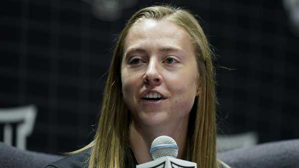 Iowa State's Emily Ryan addresses the media during the NCAA college Big 12 women's basketball media day Tuesday, Oct. 17, 2023, in Kansas City, Mo. (AP Photo/Charlie Riedel)