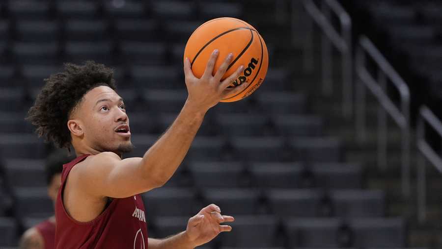 Alabama guard Mark Sears shoots during practice for their Sweet Sixteen college basketball game in the NCAA tournament Wednesday, March 27, 2024, in Los Angeles. (AP Photo/Ryan Sun)