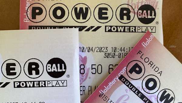 FILE - Powerball lottery tickets are displayed Oct. 4, 2023, in Surfside, Fla. (AP Photo/Wilfredo Lee, File)
