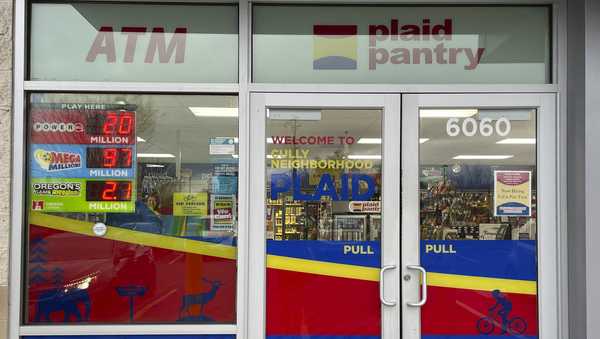 The Plaid Pantry convenience store that sold a $1.3 billion Powerball jackpot, the eighth-largest lottery prize in U.S. history, is seen in Portland, Ore., on Monday, April 8, 2024. The odds of winning a Powerball drawing are 1 in 292 million. (AP Photo/Claire Rush)
