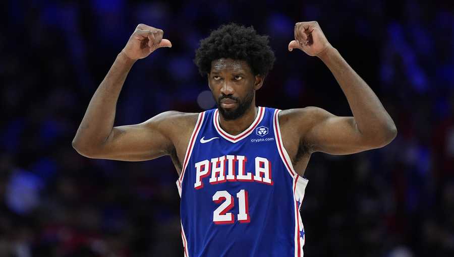 Philadelphia 76ers&apos; Joel Embiid reacts during the second half of Game 3 in an NBA basketball first-round playoff series against the New York Knicks, Thursday, April 25, 2024, in Philadelphia. (AP Photo/Matt Slocum)