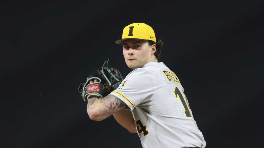 Iowa pitcher Brody Brecht (14) in action during an NCAA baseball game against Auburn, Friday, Feb. 23, 2024, in Jacksonville, Fla. (AP Photo/Gary McCullough)