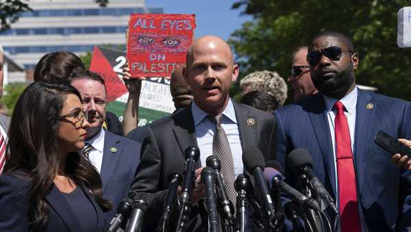 Rep. William Timmons, R-S.C., accompanied other members of Congress speaks to the media after they toured the George Washington University students encampment as they protest over the Israel-Hamas war on Wednesday, May 1, 2024, in Washington. (AP Photo/Jose Luis Magana)