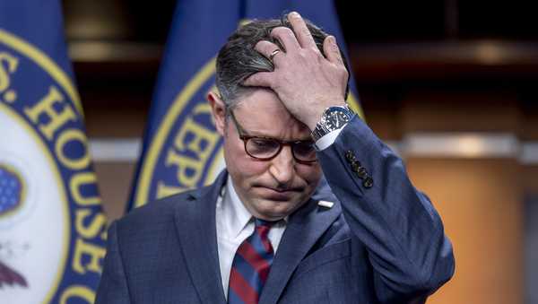 Speaker of the House Mike Johnson, R-La., pauses during a news conference amid threats that Rep. Marjorie Taylor Greene, R-Ga., a staunch ally of former President Donald Trump, is threatening to oust Johnson from his leadership post, at the Capitol in Washington, Tuesday, May 7, 2024. (AP Photo/J. Scott Applewhite)