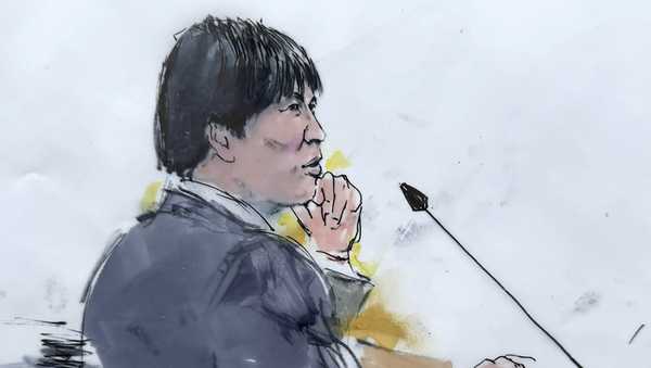 In this courtroom sketch, Ippei Mizuhara, the former longtime interpreter for the Los Angeles Dodgers star Shohei Ohtani appears in federal court in Los Angeles, Friday, April 12, 2024, on a single count of bank fraud. Prosecutors allege that Mizuhara stole more than $16 million from Ohtani to cover gambling bets and debts. (Bill Robles via AP)