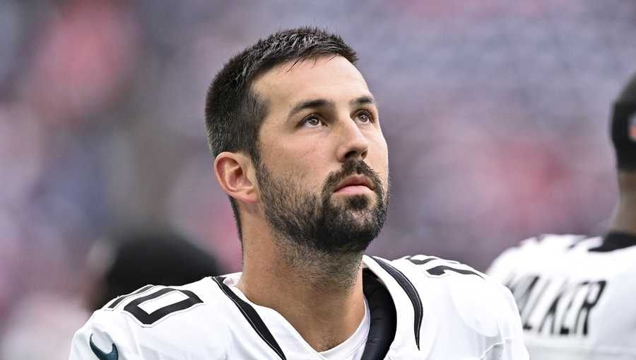 FILE - Jacksonville Jaguars placekicker Brandon McManus stands on the sideline during an NFL football game against the Houston Texans, Nov. 26, 2023, in Houston. The Washington Commanders say they were made aware Monday, May 27, 2024, of a lawsuit filed in civil court against McManus last week. A spokesperson says the team is looking into the matter and has spoken with McManus&apos; agent and the NFL office. ESPN reported two women are suing McManus for sexually assaulting them during a charter flight to London last year when he was playing for the Jaguars. (AP Photo/Maria Lysaker, File)
