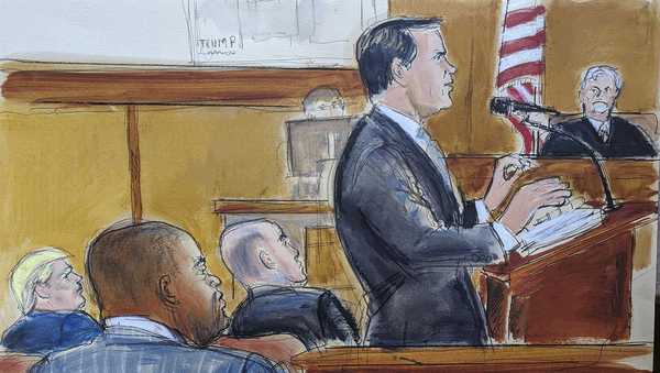 In this courtroom sketch, Tuesday, May 28, 2024, Donald Trump's attorney Todd Blanche, standing right center, gives his summation to the jury. Donald Trump is seated far left, while District Attorney Alvin Bragg is seated foreground left. Judge Juan Merchan is at the at the bench, seated upper right. (Elizabeth Williams via AP)