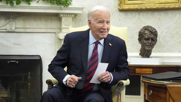 President Joe Biden listens as he meets with NATO Secretary General Jens Stoltenberg in the Oval Office at the White House, Monday, June 17, 2024.