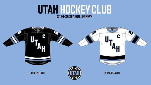 This rendering provided the Utah Hockey Club, shows the new NHL team's home and away uniform. Utah Hockey Club will be the name of the NHL team playing its games in Salt Lake City beginning this fall, with a long-term identity still to come. Smith Entertainment Group announced the move Thursday, June 13, 2024, and unveiled the initial logos and jerseys that will be used in 2024-25 season. (Utah Hockey Club via AP)