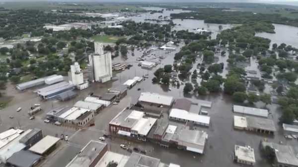 This image provided by Sioux County Sheriff  shows City of Rock Valley, Iowa on Saturday, June 22, 2024.  Gov. Kim Reynolds sent helicopters to the small town to evacuate people from flooded homes Saturday, the result of weeks of rain, while much of the United States longed for relief from yet another round of extraordinary heat.(Sioux County Sheriff via AP)