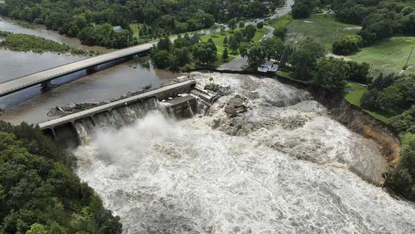 Heavy rains cause high water levels at the Rapidan Dam near Mankato, Minn., Monday, June 24, 2024. Officials say the dam is threatened with 