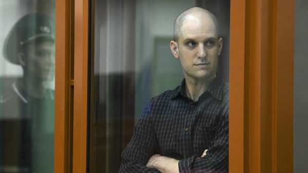 FILE - Wall Street Journal reporter Evan Gershkovich stands in a glass cage in a courtroom in Yekaterinburg, Russia, Wednesday, June 26, 2024. Court officials say closing arguments in the espionage trial of U.S. journalist Evan Gershkovich will be held Friday, July 19, 2024, as the proceedings picked up speed in a case that has seen the reporter held in pre-trial custody for over a year. (AP Photo, File)