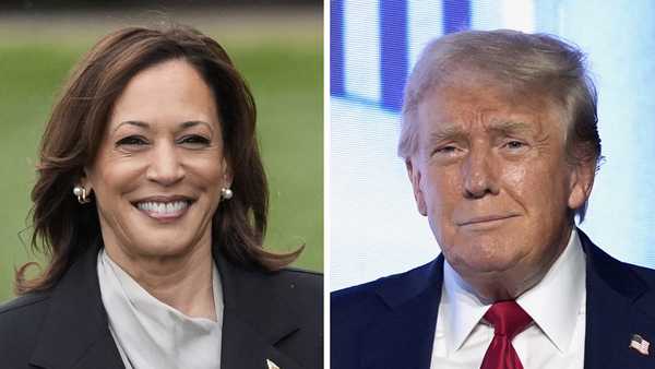 This combination photo shows Vice President Kamala Harris, left, at the White House in Washington, July 22, 2024, and Republican presidential candidate former President Donald Trump at an event July 26, 2024, in West Palm Beach, Fla.