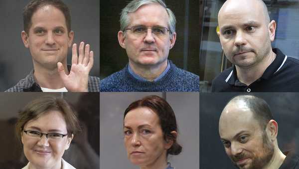 This photo combination shows, clockwise from top left: Wall Street Journal reporter Evan Gershkovich, corporate security executive Paul Whelan, former head of Open Russia movement Andrei Pivovarov, Russian opposition activist Vladimir Kara-Murza, Prague-based editor for the U.S. government-funded Radio Free Europe/Radio Liberty's Tatar-Bashkir service Alsu Kurmasheva, and Lilia Chanysheva, former coordinator of regional offices of the late opposition figure Alexei Navalny.