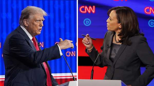 This combination photo shows Republican presidential candidate former President Donald Trump speaking during a presidential debate, June 27, 2024, in Atlanta, left, and Sen. Kamala Harris, D-Calif., speaking during a Democratic presidential primary debates, July 31, 2019, in Detroit.