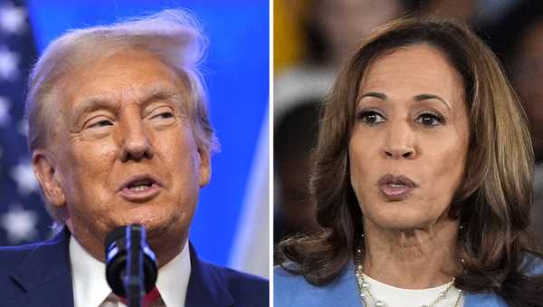 This combination photo shows Republican presidential nominee former President Donald Trump at an event, Aug. 15, 2024, in Bedminster, N.J., left, and Democratic presidential nominee Vice President Kamala Harris at a campaign event in Raleigh, N.C., Aug. 16, 2024.