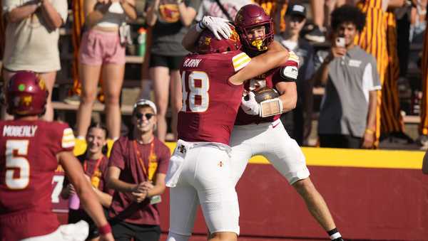 Iowa State running back Aiden Flora, right, celebrates with teammate Iowa State tight end Jack Bjorn (48) after scoring a touchdown during the second half of an NCAA college football game against Arkansas State, Saturday, Sept. 21, 2024, in Ames, Iowa. Iowa State won 52-7. (AP Photo/Charlie Neibergall)