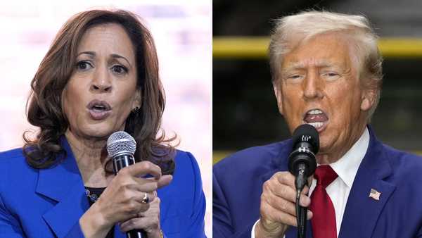 In this combination of photos taken in Pennsylvania, Democratic presidential nominee Vice President Kamala Harris speaks at a campaign event, Aug. 18, 2024, in Rochester, left, and Republican presidential nominee former President Donald Trump speaks during a campaign event, Aug. 19, 2024, in York. (AP Photo)