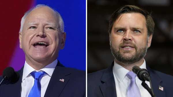 This combination of photos shows Democratic vice presidential candidate Minnesota Gov. Tim Walz, left, at the DNC on Aug. 21, 2024, in Chicago, and Republican vice presidential nominee Sen. JD Vance, R-Ohio, on Sept. 25, 2024, in Traverse City, Mich.