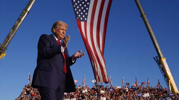 Republican presidential nominee former President Donald Trump arrives at a campaign rally at the Butler Farm Show, Saturday, Oct. 5, 2024, in Butler, Pa. (AP Photo/Evan Vucci)