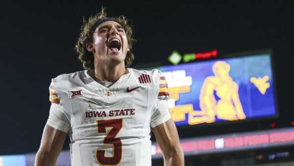 Iowa State quarterback Rocco Becht (3) reacts after defeating West Virginia during an NCAA  college football game, Saturday, Oct. 12, 2024, in Morgantown, W.Va. (AP Photo/William Wotring)