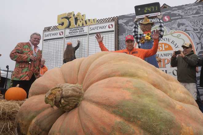 El lunes 14 de octubre de 2024, Travis Gienger de Anoka, California, celebra su calabaza que pesa 2471 libras.