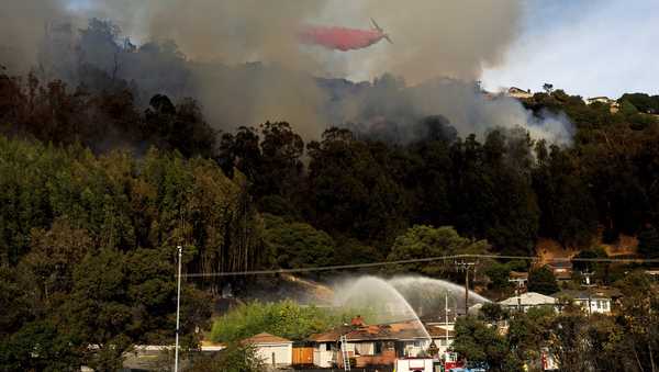 A grass fire burns above Interstate 580 in Oakland, Calif., on Friday, Oct. 18, 2024. (AP Photo/Noah Berger)