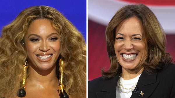 This combination photo shows Beyonce at the Grammy Awards in Los Angeles, March 14, 2021, left, and Democratic presidential nominee Vice President Kamala Harris at a CNN town hall in Aston, Pa., Oct. 23, 2024.