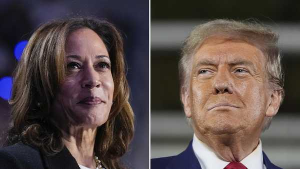 This combination of file photos shows Democratic presidential nominee Vice President Kamala Harris, left, speaking at a campaign rally in Charlotte, N.C., on Sept. 12, 2024, 2024, and Republican presidential nominee former President Donald Trump speaking a town hall campaign event in Warren, Mich., on Sept. 27, 2024.