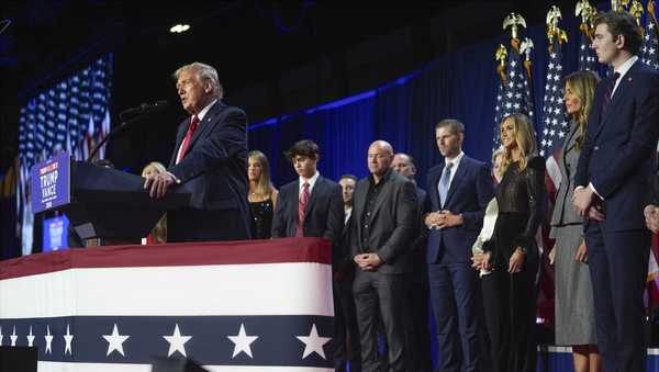 Republican presidential nominee former President Donald Trump speaks at an election night watch party at the Palm Beach Convention Center, Wednesday, Nov. 6, 2024, in West Palm Beach, Fla.