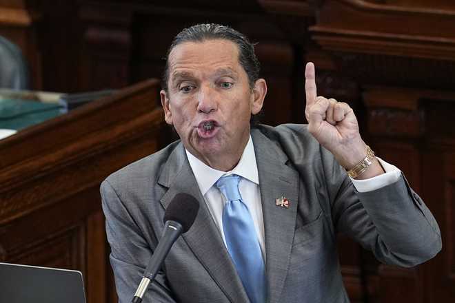 FILE - Attorney Tony Buzbee speaks in the Senate Chamber at the Texas Capitol, Friday, Sept. 15, 2023, in Austin, Texas. (AP Photo/Eric Gay, File)