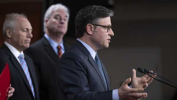 Speaker of the House Mike Johnson, R-La., center, joined from left by House Majority Leader Steve Scalise, R-La., and Majority Whip Tom Emmer, R-Minn., talks at a news conference after presenting his final version of an interim spending bill to his caucus, at the Capitol in Washington, Tuesday, Dec. 17, 2024. President-elect Donald Trump has now abruptly rejected the bipartisan plan to prevent a Christmastime government shutdown. Instead, he's telling House Speaker Mike Johnson and Republicans to essentially renegotiate — days before a deadline when federal funding runs out. (AP Photo/J. Scott Applewhite, File)