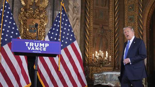 FILE - President-elect Donald Trump arrives for a news conference at Mar-a-Lago, Dec. 16, 2024, in Palm Beach, Fla. (AP Photo/Evan Vucci, File)