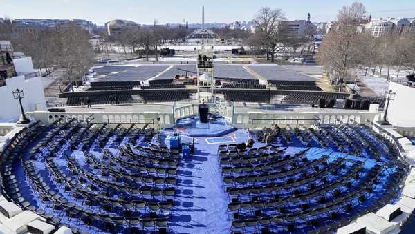 The stage where the 60th Presidential Inauguration was scheduled is seen on the West Front of the U.S. Capitol in Washington Friday, Jan. 17, 2025. The inauguration is now scheduled for inside the Capitol Rotunda due to cold weather. (AP Photo/Morry Gash)