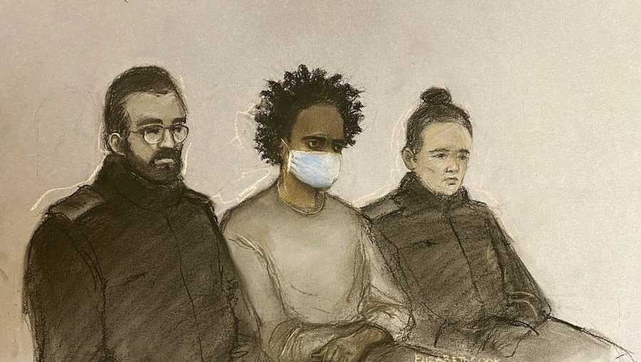 In this Court artist sketch by Elizabeth Cook, Southport stabbings suspect Axel Rudakubana appears on the first day of his trial at Liverpool Crown Court, where he has pleaded guilty to killing three young girls and wounded 10 other people in a knife attack at a Taylor Swift-themed dance class, in Liverpool, England, Monday, Jan. 20, 2025. (Elizabeth Cook/PA via AP)