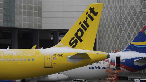 Spirit Airlines planes parked at the closed George Bush Intercontinental Airport Tuesday, Jan. 21, 2025, in Houston. (AP Photo/David J. Phillip)