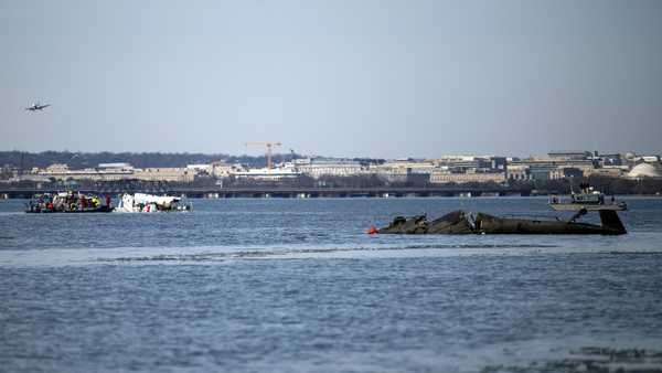 In this image provided by the U.S. Coast Guard, wreckage is seen in the Potomac River near Ronald Reagan Washington National Airport, Thursday, Jan. 30, 2025 in Washington.