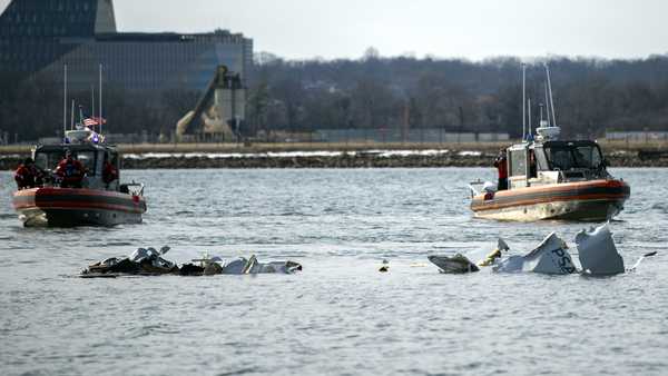 In this image provided by the U.S. Coast Guard, wreckage is seen in the Potomac River near Ronald Reagan Washington National Airport, Thursday, Jan. 30, 2025 in Washington.