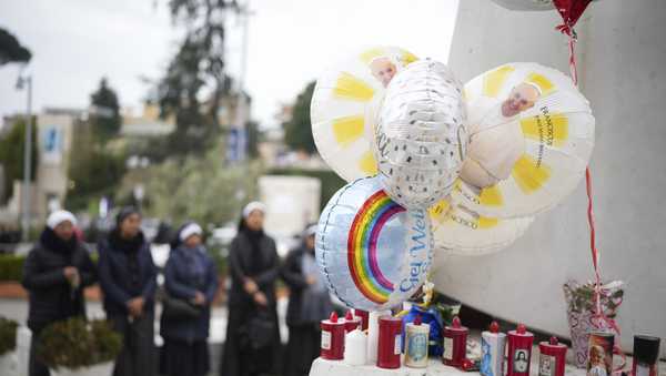 Nuns pray at the Agostino Gemelli Polyclinic, in Rome, Monday, Feb. 24, 2025 where Pope Francis is hospitalized since Friday, Feb. 14.