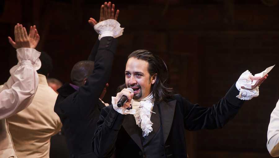 FILE - Lin-Manuel Miranda appears at the curtain call following the opening night performance of &quot;Hamilton&quot; at the Richard Rodgers Theatre in New York, Aug. 6, 2015. (Photo by Charles Sykes/Invision/AP, File)