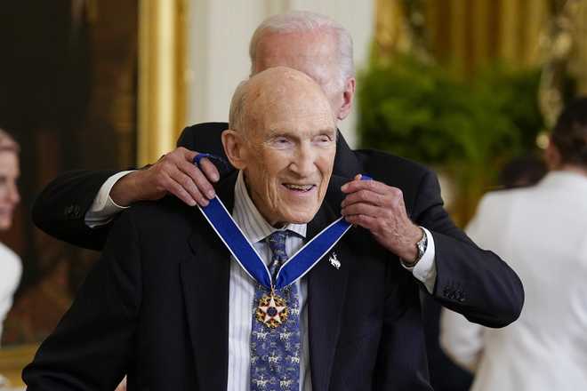 File - President Joe Biden will award former Wyoming Sen. Alan Simpson the National & Apos Medal of Freedom on July 7, 2022 at the White House in Washington. Simpson passed away at the age of 93.