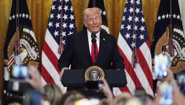 FILE - President Donald Trump speaks at a reception celebrating Women's History Month in the East Room of the White House, Wednesday, March 26, 2025, in Washington.