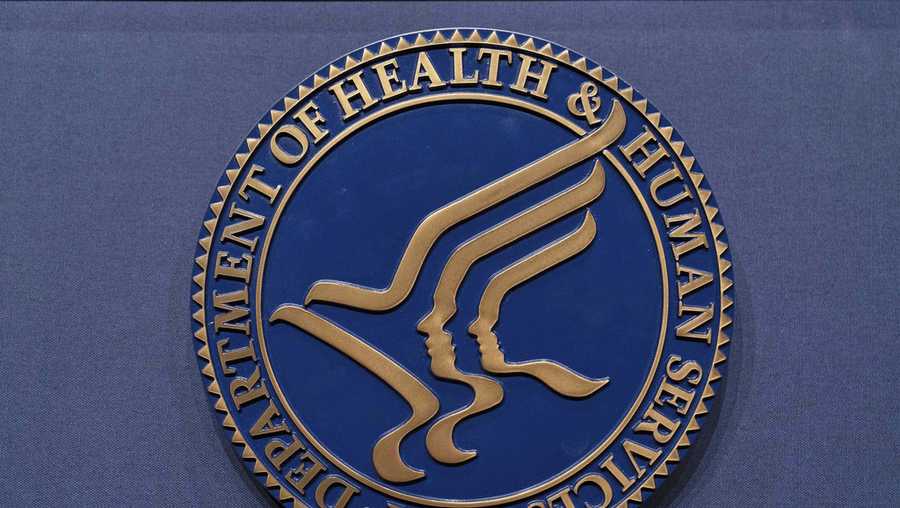FILE - The Health and Human Services seal is seen before a news conference with Secretary Robert F. Kennedy Jr. in Washington, April 16, 2025. (AP Photo/Jose Luis Magana, File)